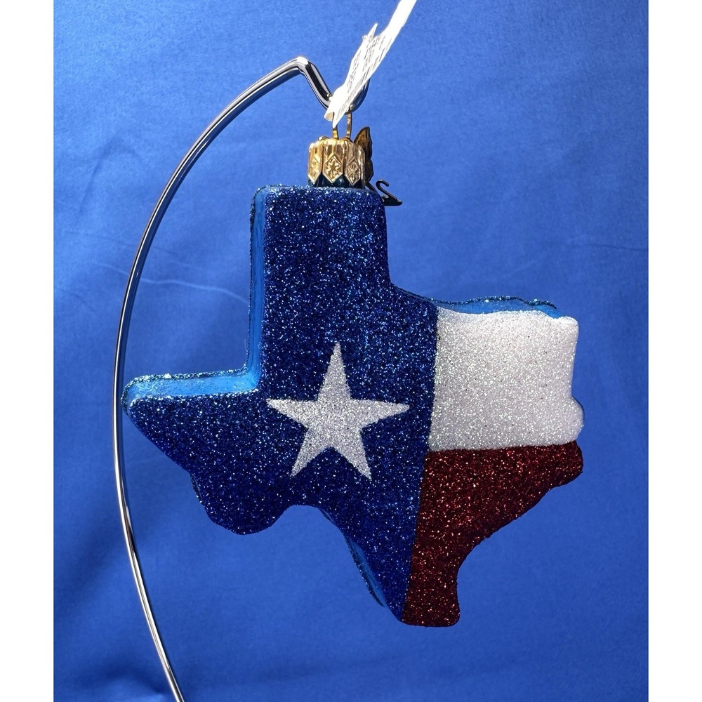 Neiman Marcus 2014 Texas Flag Glass Christmas Ornament Glitter State Red W Blue